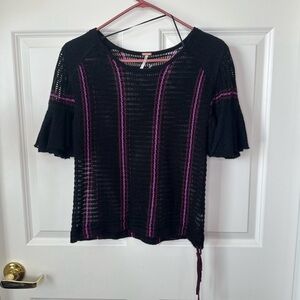 Free People Crochet Black and Purple Side Tie Blouse Size Small
